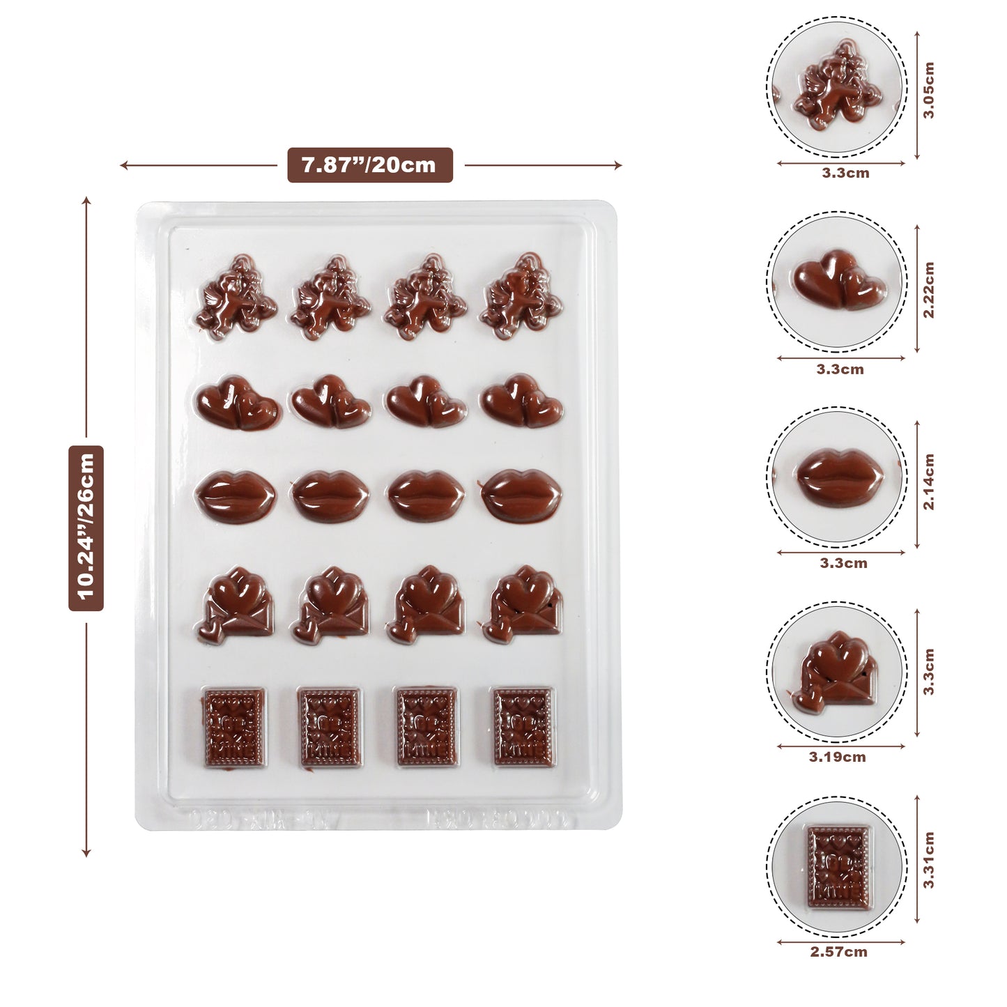 Valentine’s Icons Chocolate Mould (20 cavities) – Cupid, Hearts, Lips, Love Letter & ‘Be Mine’