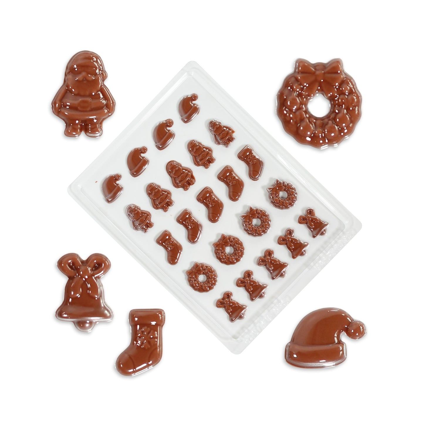 Christmas chocolate mould with Santa, wreath, stocking and bell shaped cavities.