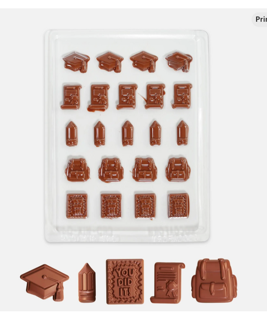 Graduation Chocolate Mould – 22 Cavity Mini Shapes (Caps, Diplomas, Pencils, Backpacks & “You Did It” Plaques)